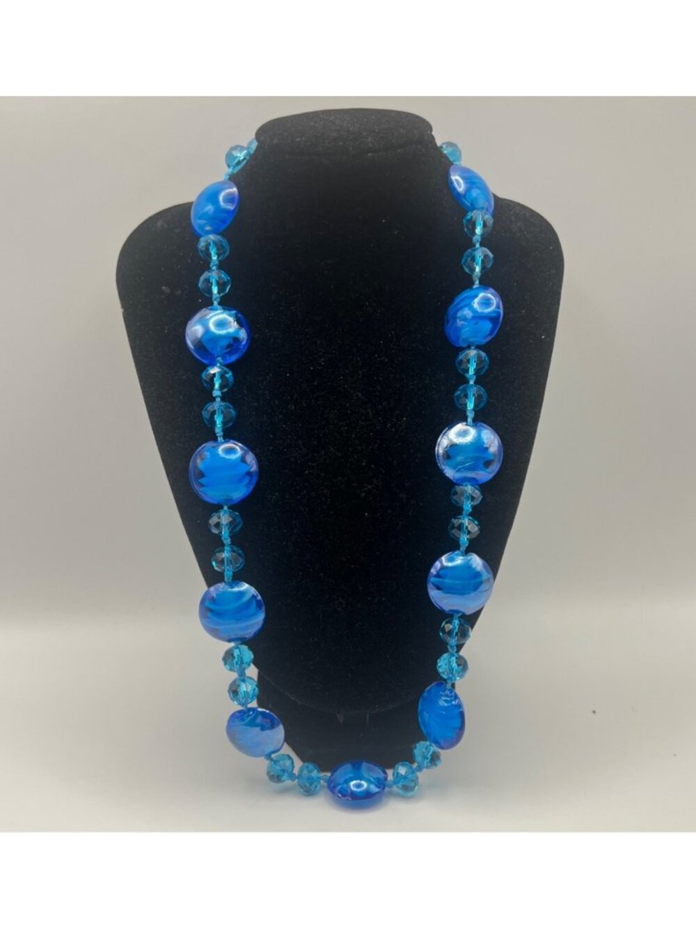 Artisan Blue Glass Bead Necklace Hand Knotted 20.5+2" Silver Tone Ocean Coastal